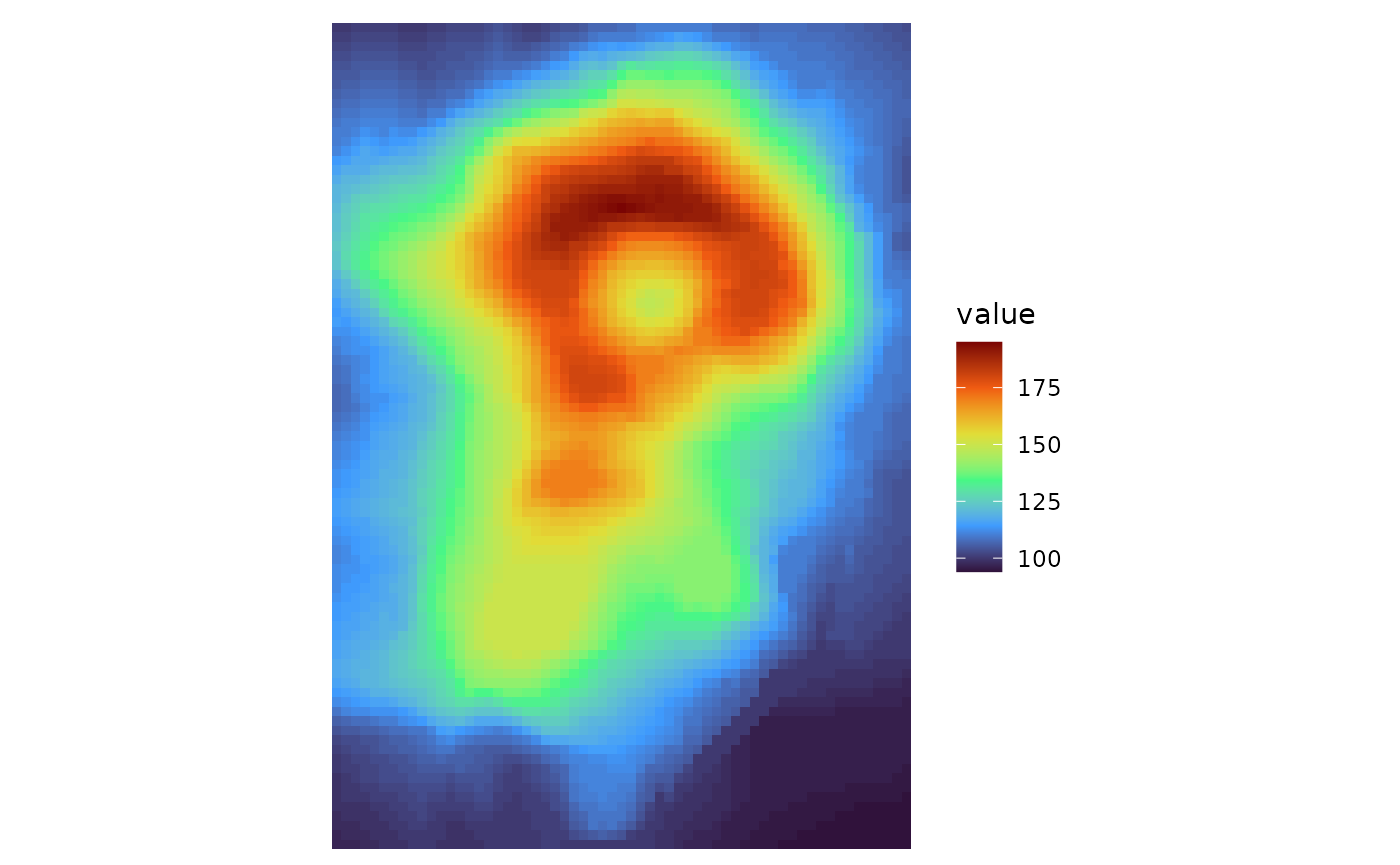 A heatmap of the volcano R dataset using the viridis colour scale for filling cells. The cell borders have been removed.